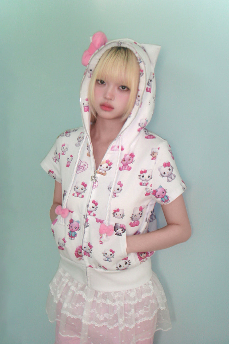 Kitty cat ears with bow short sleeved hoodie jacket