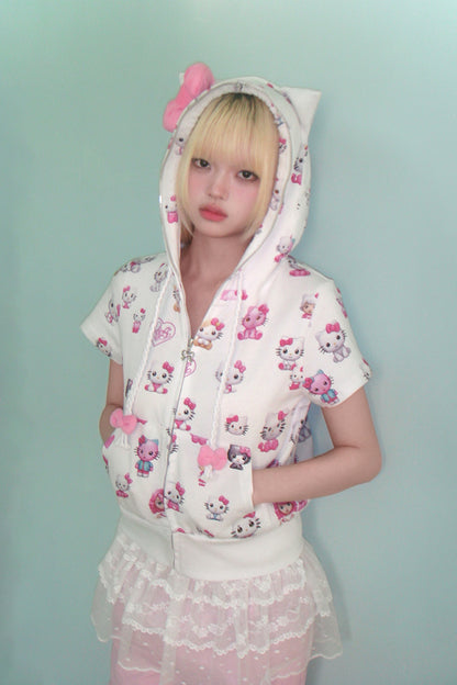 Kitty cat ears with bow short sleeved hoodie jacket