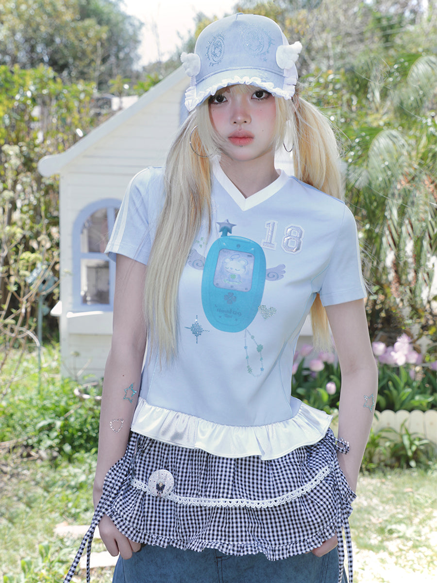 Angel rhinestone Mobile Patchwork Short Sleeve Jersey T-Shirt