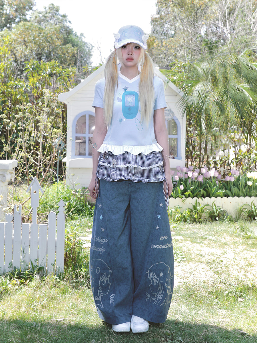Angel rhinestone Mobile Patchwork Short Sleeve Jersey T-Shirt