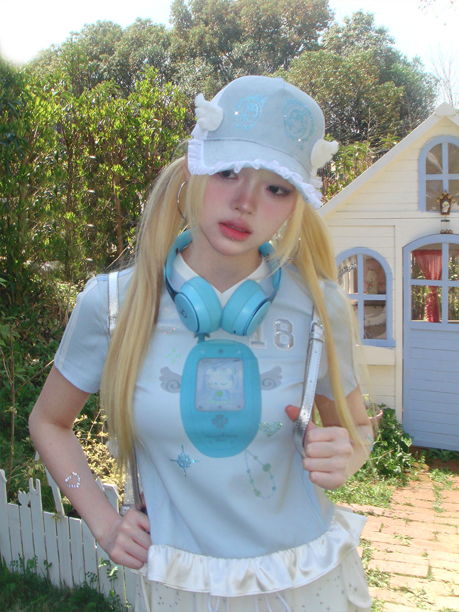 Angel rhinestone Mobile Patchwork Short Sleeve Jersey T-Shirt