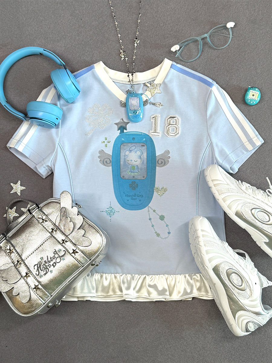 Angel rhinestone Mobile Patchwork Short Sleeve Jersey T-Shirt