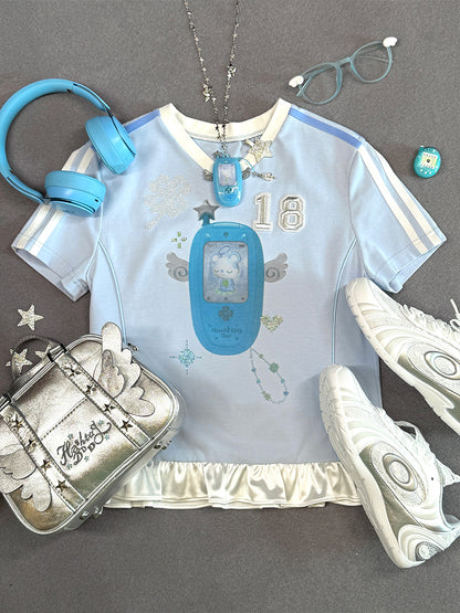Angel rhinestone Mobile Patchwork Short Sleeve Jersey T-Shirt