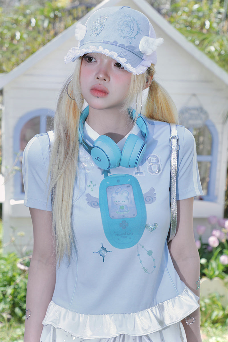 Angel rhinestone Mobile Patchwork Short Sleeve Jersey T-Shirt