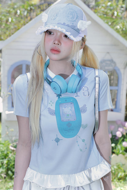 Angel rhinestone Mobile Patchwork Short Sleeve Jersey T-Shirt