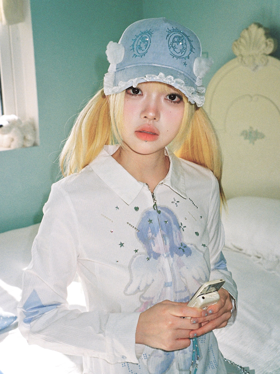 Lace flower rhinestone eye angel wings baseball cap