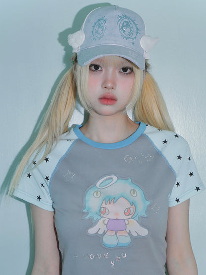 Lace flower rhinestone eye angel wings baseball cap