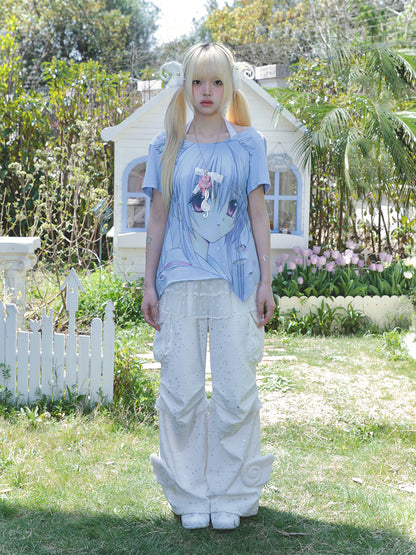 Girl Illustration  fake two piece Neck Hanging Strap T-shirt
