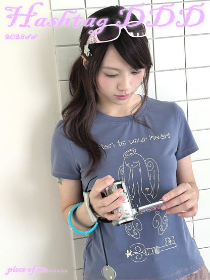 Angel Rabbit Key Rhinestone Short Sleeve Tee