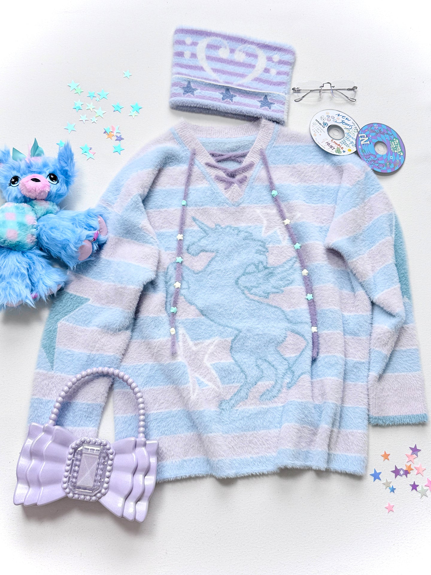 Unicorn Striped Star V-Neck Knit Sweater