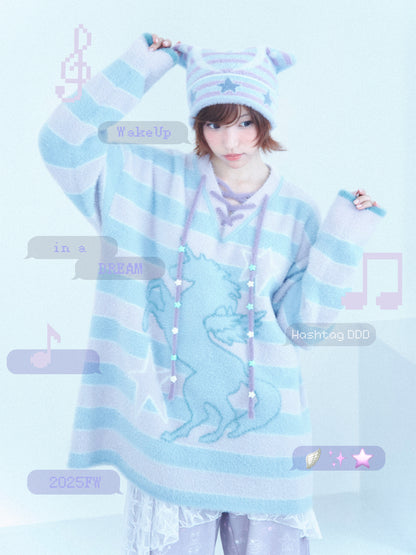 Unicorn Striped Star V-Neck Knit Sweater