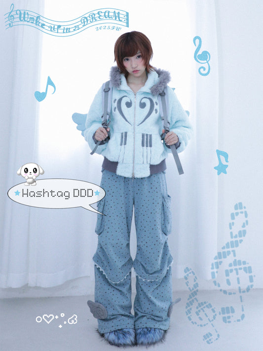 Silver-Foil Star & Piano Note Plush Hooded Coat