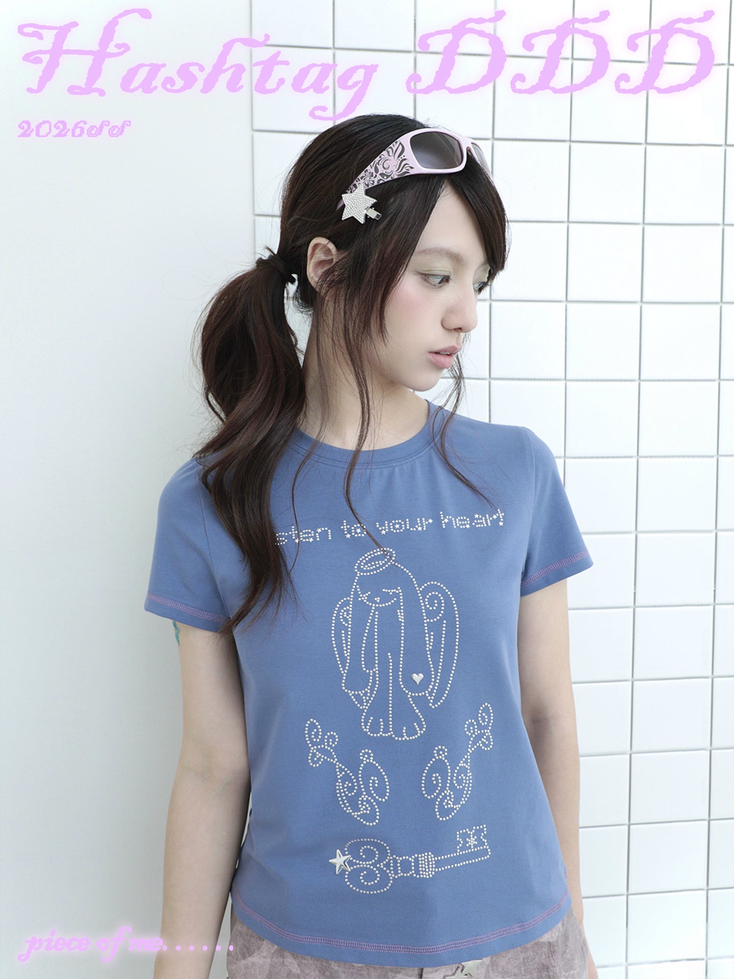 Angel Rabbit Key Rhinestone Short Sleeve Tee