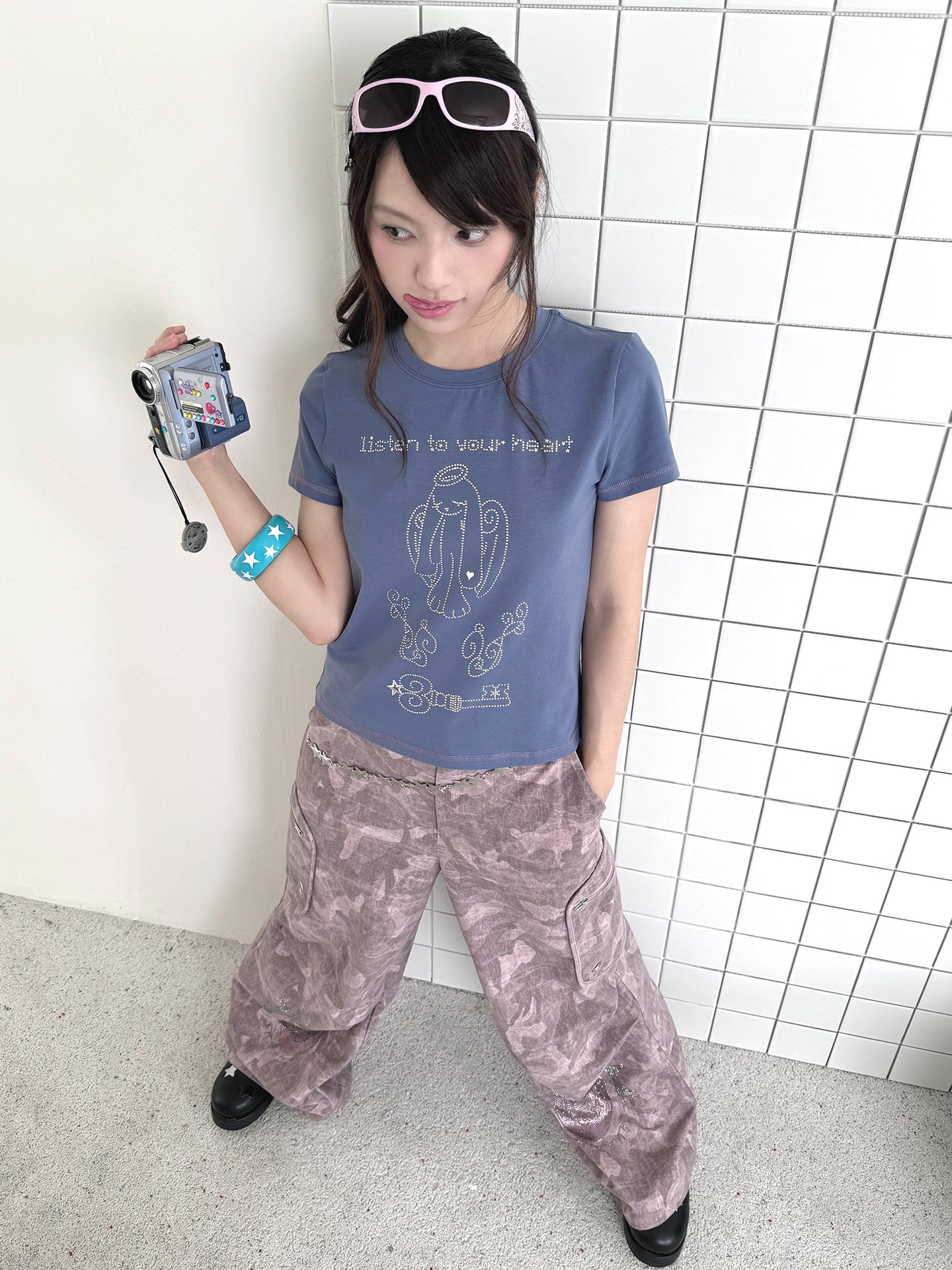 Angel Rabbit Key Rhinestone Short Sleeve Tee