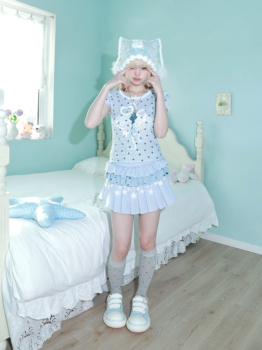 Magic Key Print Lace Trim Short Sleeve T-Shirt