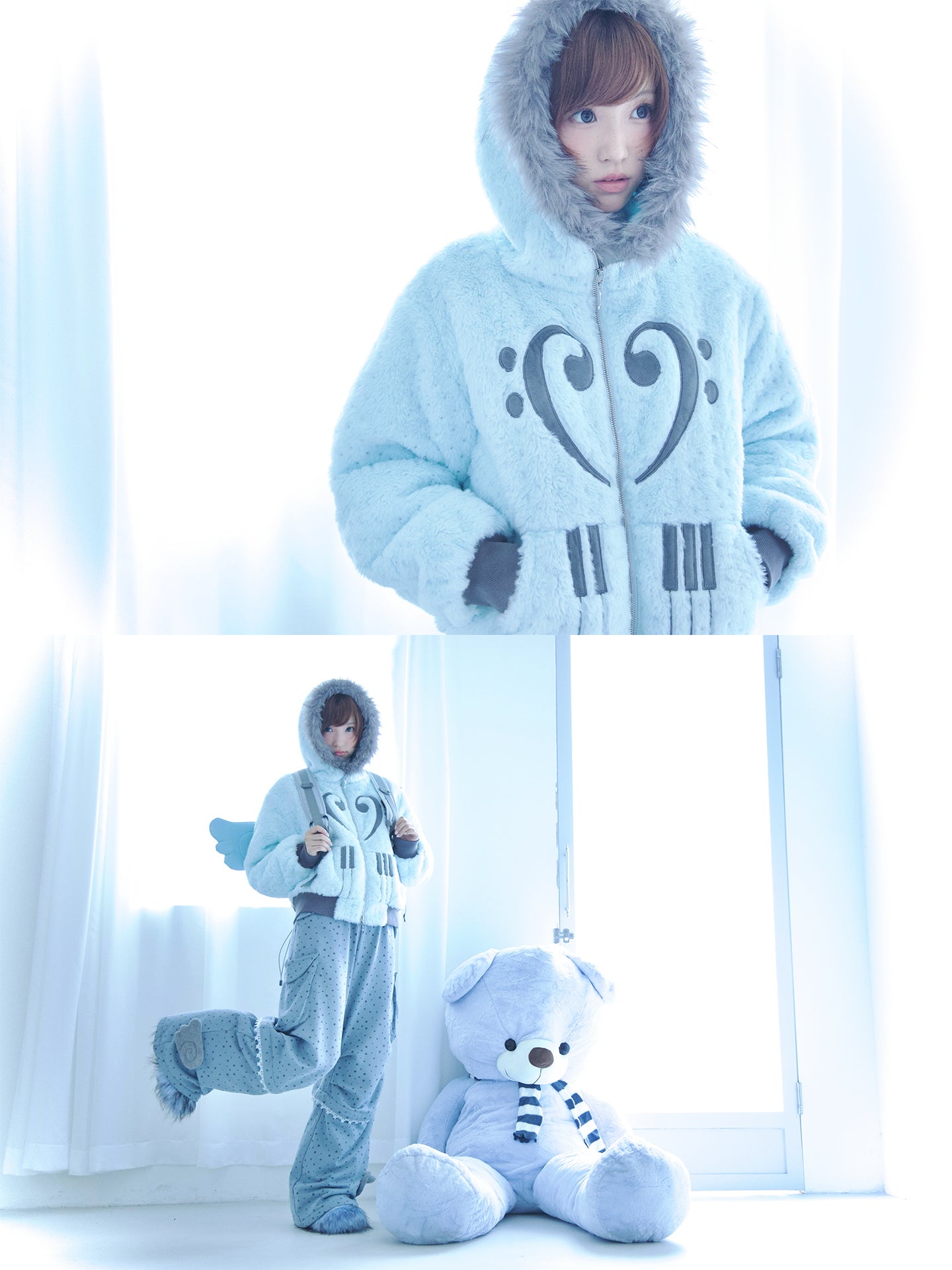 Silver-Foil Star & Piano Note Plush Hooded Coat