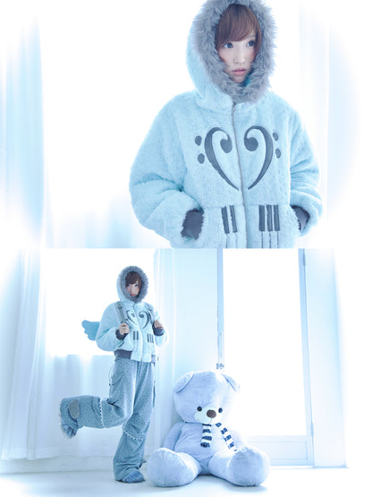 Silver-Foil Star & Piano Note Plush Hooded Coat
