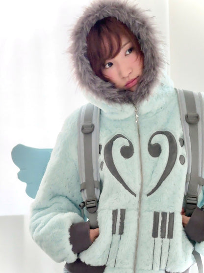 Silver-Foil Star & Piano Note Plush Hooded Coat