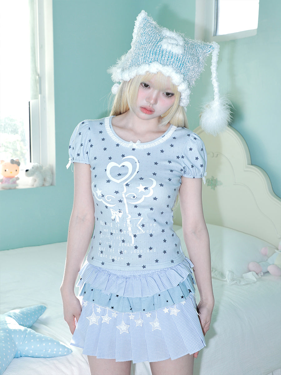 Magic Key Print Lace Trim Short Sleeve T-Shirt