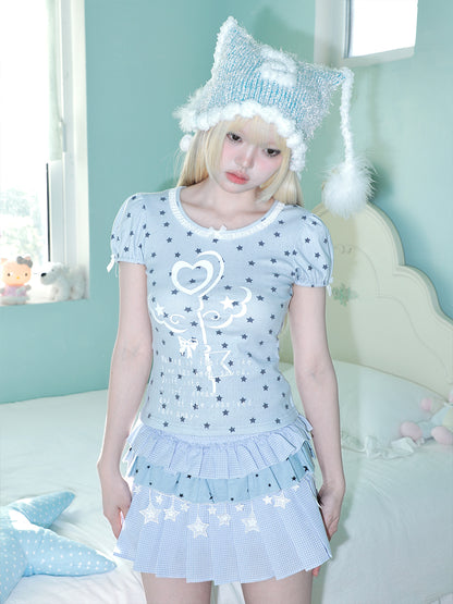 Magic Key Print Lace Trim Short Sleeve T-Shirt