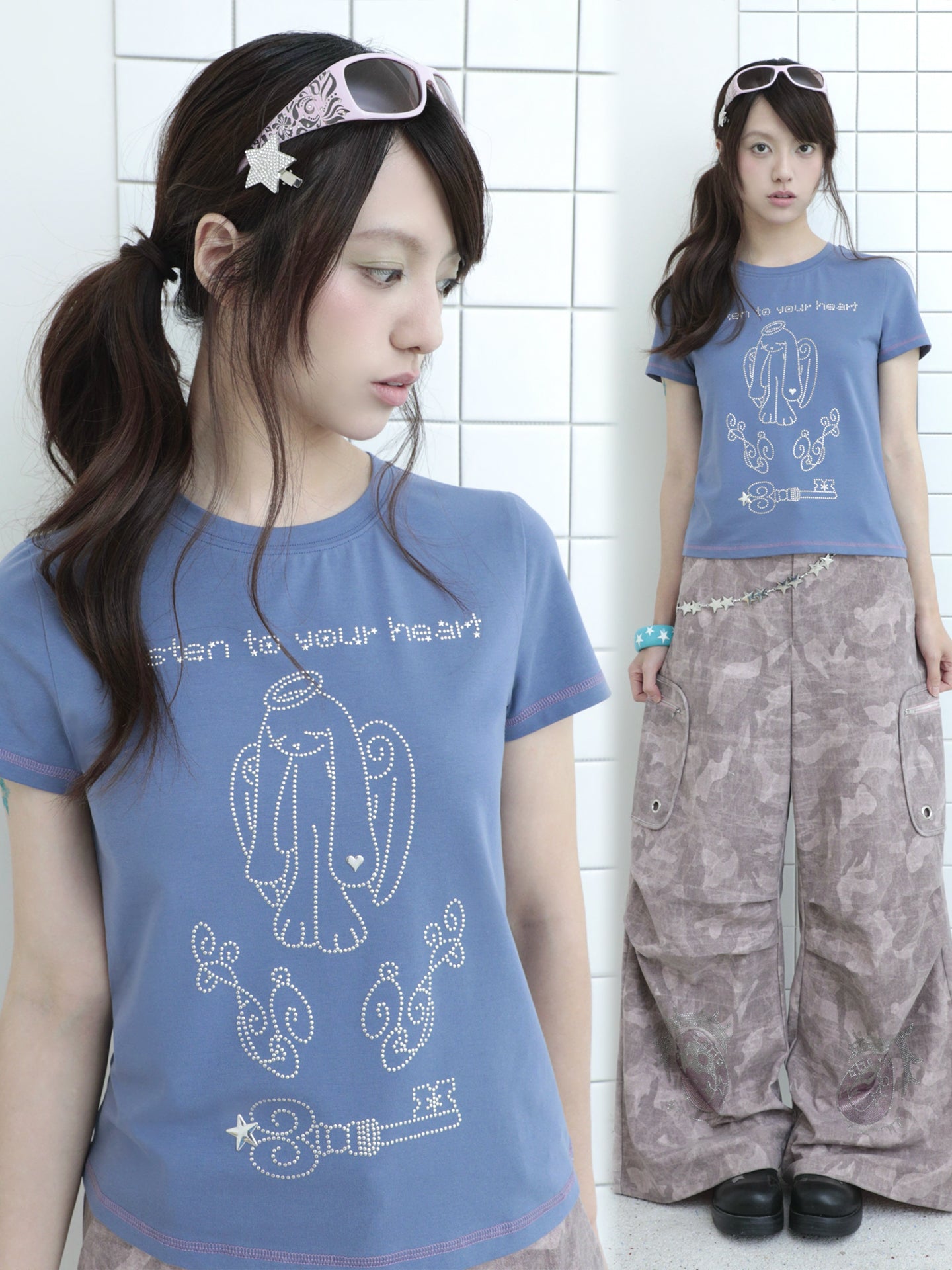 Angel Rabbit Key Rhinestone Short Sleeve Tee