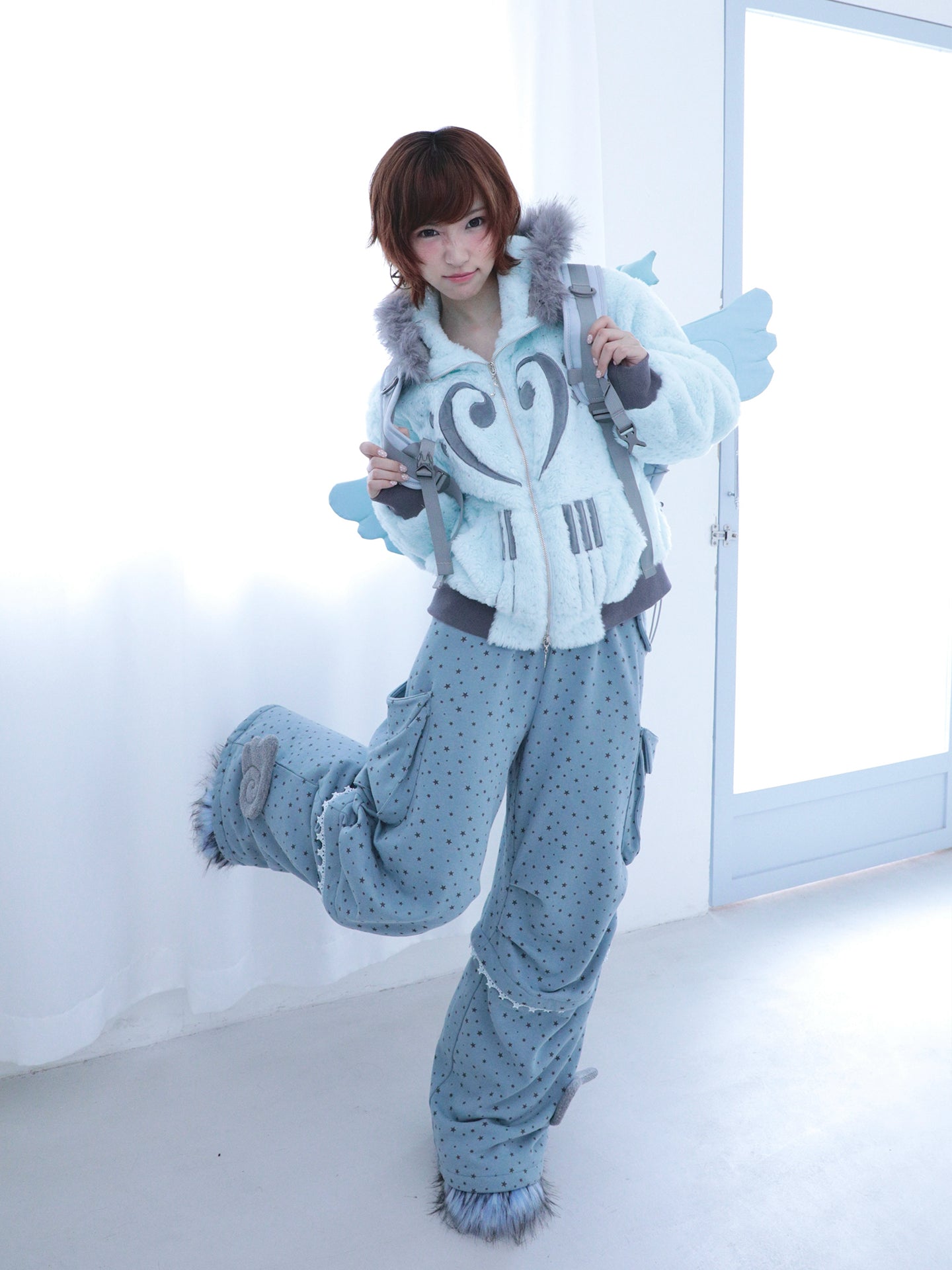 Silver-Foil Star & Piano Note Plush Hooded Coat