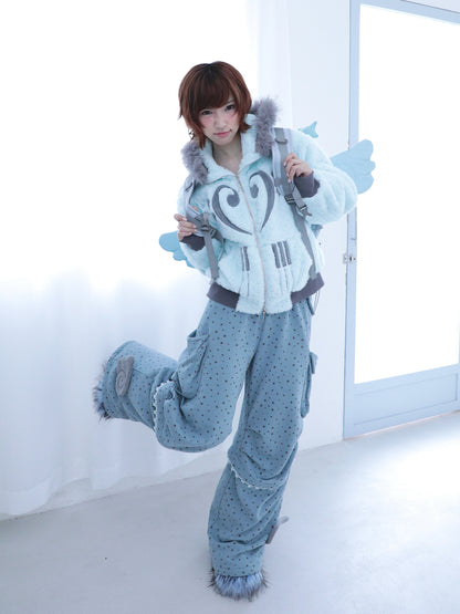 Silver-Foil Star & Piano Note Plush Hooded Coat