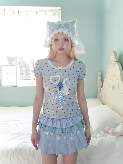Magic Key Print Lace Trim Short Sleeve T-Shirt