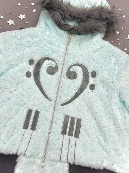 Silver-Foil Star & Piano Note Plush Hooded Coat