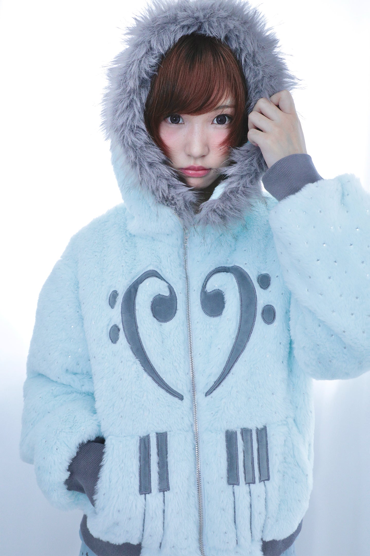 Silver-Foil Star & Piano Note Plush Hooded Coat