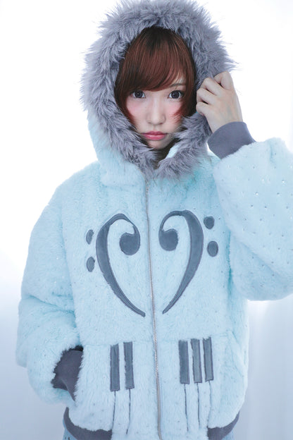 Silver-Foil Star & Piano Note Plush Hooded Coat