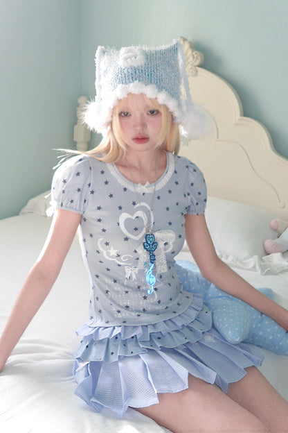 Magic Key Print Lace Trim Short Sleeve T-Shirt