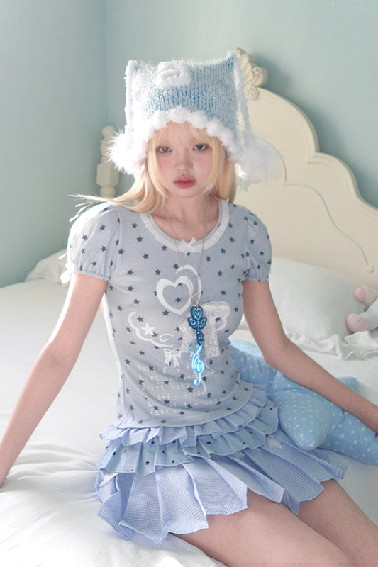 Magic Key Print Lace Trim Short Sleeve T-Shirt