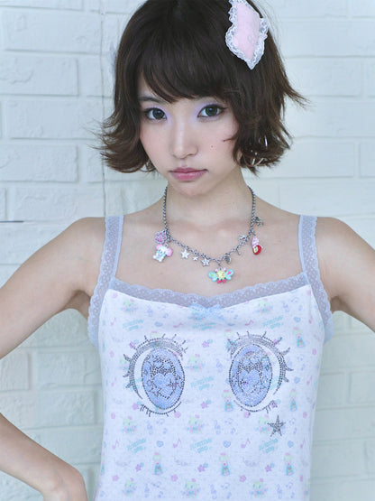 sunonebird co-branded Cartoon Eye Rhinestone Lace Camisole Top