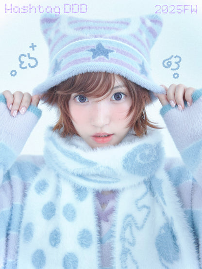 Reversible Music Note & Star Stripe Knit Hat with Cat Ears