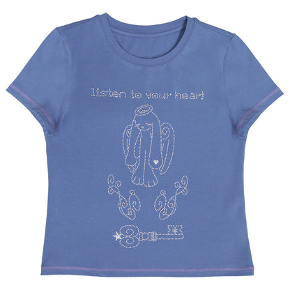 Angel Rabbit Key Rhinestone Short Sleeve Tee