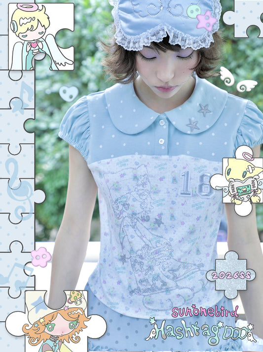 sunonebird co-branded Peter Pan Collar Puff Short Sleeve Tee