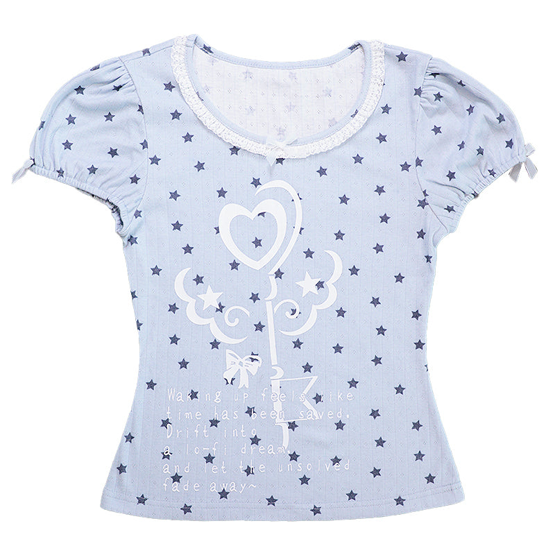 Magic Key Print Lace Trim Short Sleeve T-Shirt