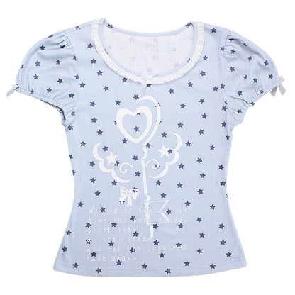 Magic Key Print Lace Trim Short Sleeve T-Shirt