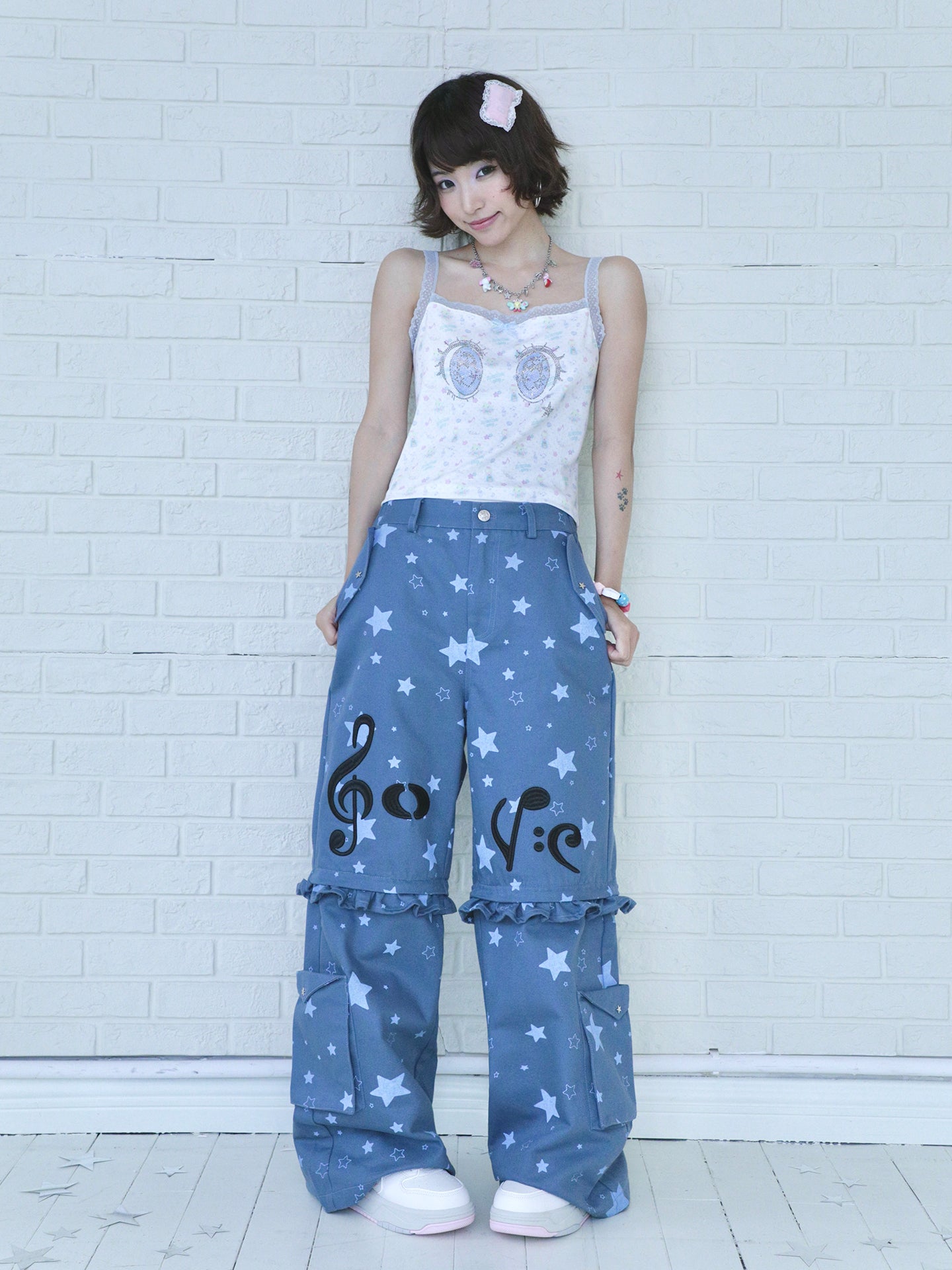 sunonebird co-branded Cartoon Eye Rhinestone Lace Camisole Top