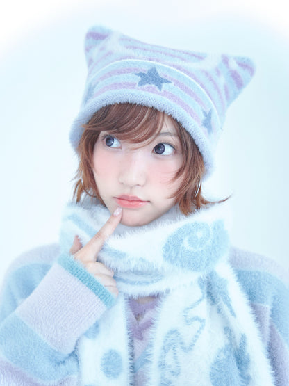 Reversible Music Note & Star Stripe Knit Hat with Cat Ears