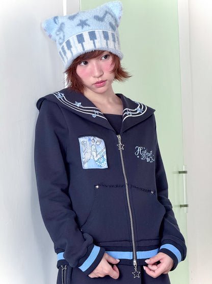 Reversible Music Note & Star Stripe Knit Hat with Cat Ears