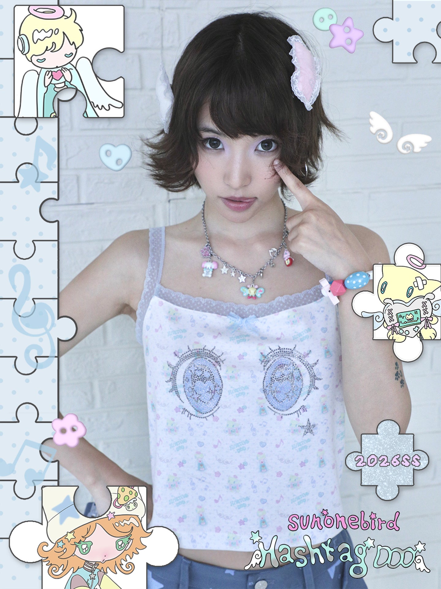 sunonebird co-branded Cartoon Eye Rhinestone Lace Camisole Top