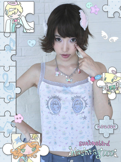 sunonebird co-branded Cartoon Eye Rhinestone Lace Camisole Top