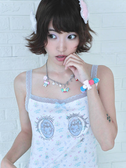 sunonebird co-branded Cartoon Eye Rhinestone Lace Camisole Top