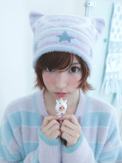 Reversible Music Note & Star Stripe Knit Hat with Cat Ears