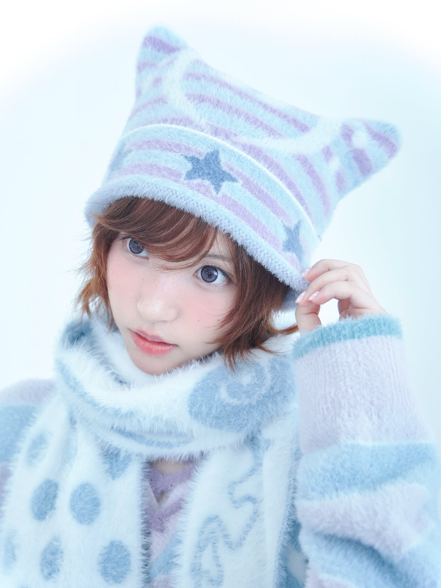 Reversible Music Note & Star Stripe Knit Hat with Cat Ears