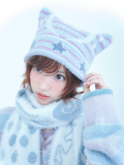 Reversible Music Note & Star Stripe Knit Hat with Cat Ears