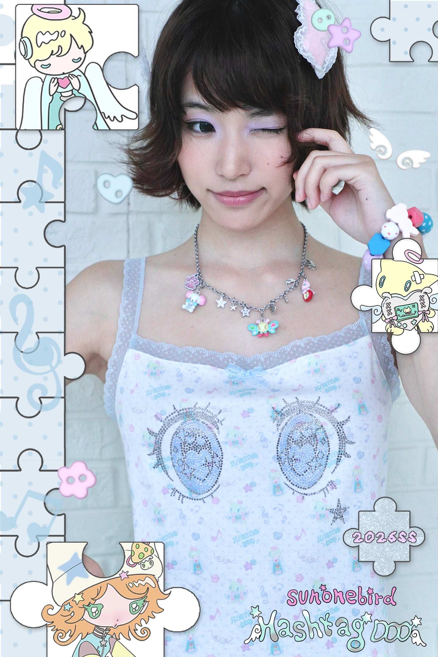 sunonebird co-branded Cartoon Eye Rhinestone Lace Camisole Top