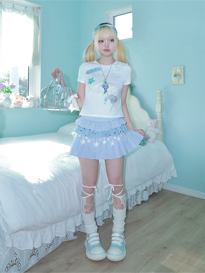 Three layer spliced cake puffy star checkered skirt